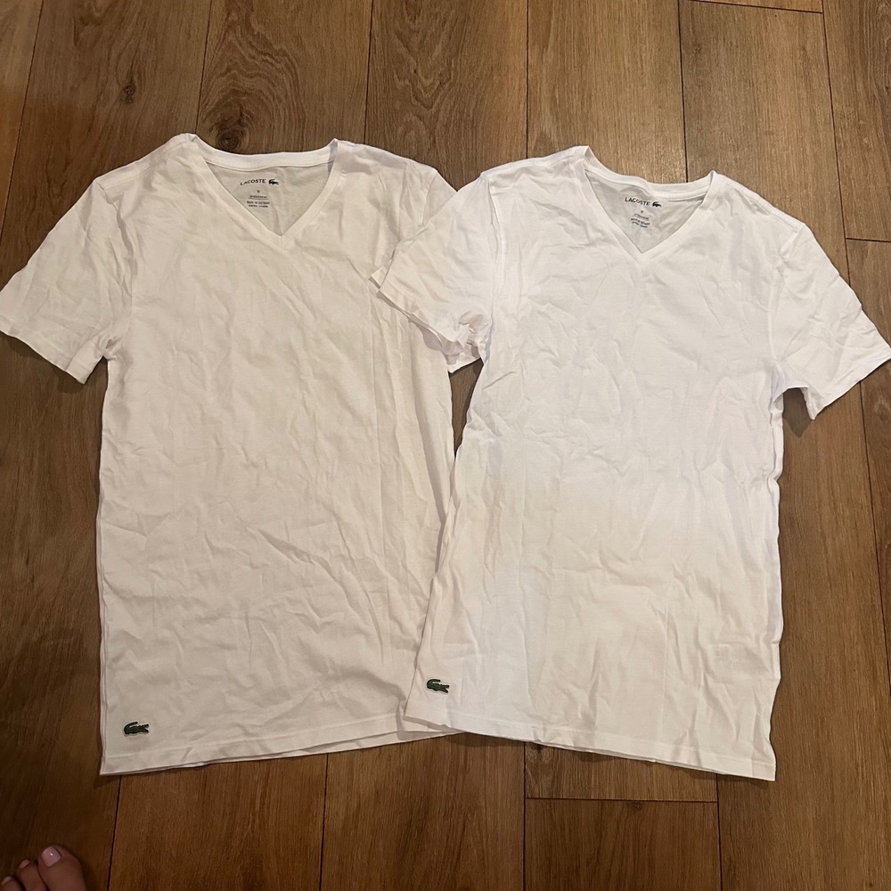 Lacoste Mens 2 Pack White Slim Fit V-Neck Cotton Undershirts Size XS TH9008-51